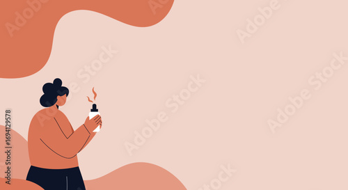 Minimalist illustration of a person using a dropper bottle, evoking concepts of wellness, self-care, beauty, natural products, and essential oils. Ideal for health, lifestyle, or skincare branding.