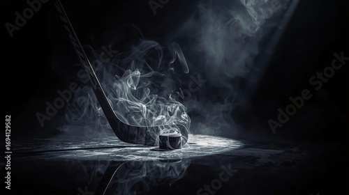 Hockey Stick and Puck in Dramatic Smoke Spotlight
