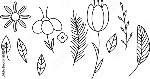 botanical doodle, plant sketch, floral line drawing, hand drawn leaf set, flower doodle art, botanical illustration pack, sketch flower doodles, doodle plant design, nature sketch icons, wildflower do