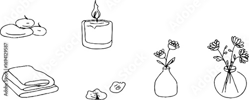 Minimalist line art collection featuring massage stones and spa elements for relaxation and design inspiration