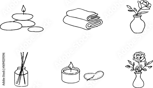 Minimalist line art collection featuring massage stones, candles, and floral arrangements for aesthetic decor
