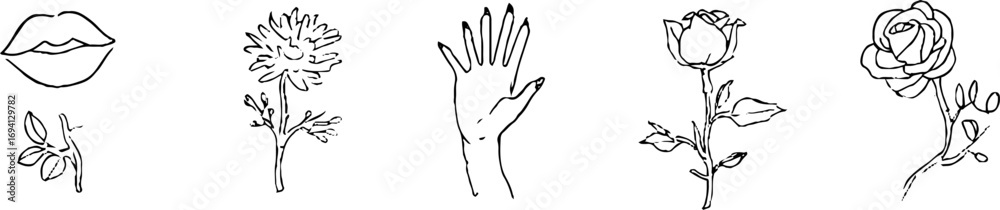 Obraz premium Minimalist line art collection featuring romantic portraits, lips, flowers, hands, and roses