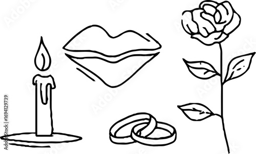 Minimalist line art collection of romantic elements with candle, lips, rings, and rose for elegant designs