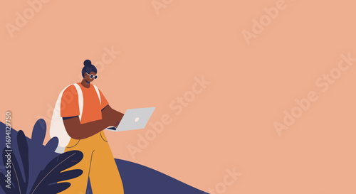 Illustrated person working remotely on a laptop outdoors, embodying flexibility, connectivity, and modern digital lifestyle.