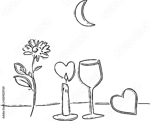 Minimalist line art of romantic evening with candle and wine for design use