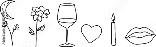 Minimalist line art collection of romantic evening elements for aesthetic decor