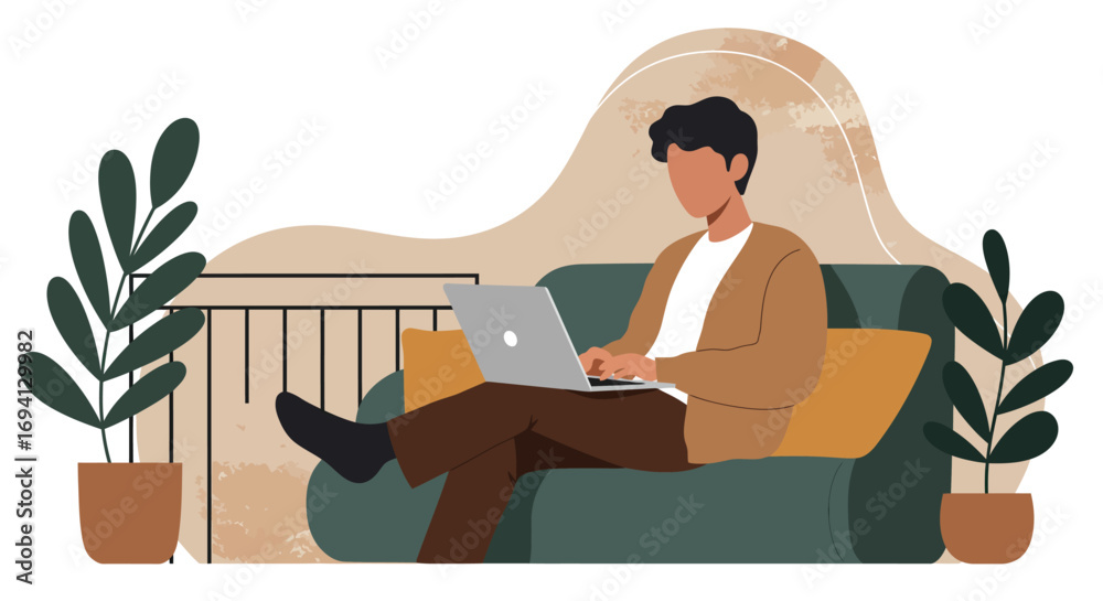 Fototapeta premium Young man working remotely on a laptop from the comfort of his home, representing freelance, digital nomad, and flexible modern lifestyle concepts.