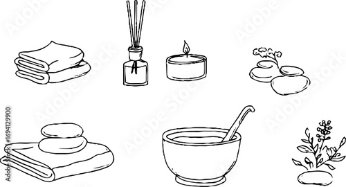 Minimalist line art collection of spa tools and oils for relaxation and wellness design