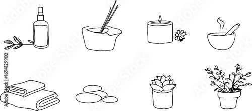 Minimalist line art collection featuring spa tools and essentials for relaxation design
