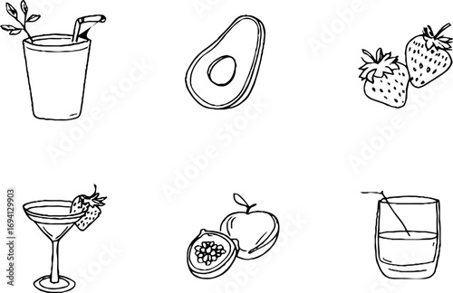Minimalist line art collection featuring smoothies and fruits for aesthetic designs