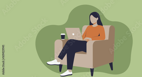 Woman working or studying on a laptop in a comfortable armchair with a coffee cup. Ideal for concepts like remote work, freelance, online learning, and digital lifestyle.