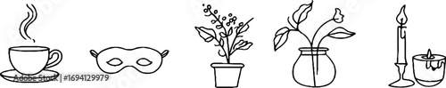 Minimalist line art collection: tea cup, mask, indoor plants, and candle design for decor