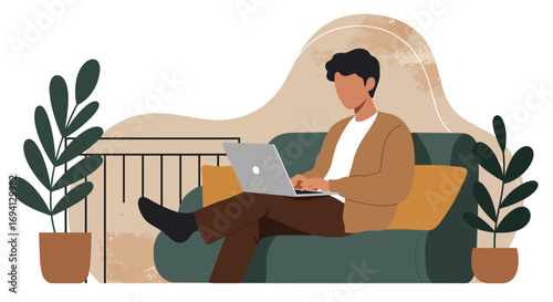 Young man working remotely on a laptop from the comfort of his home, representing freelance, digital nomad, and flexible modern lifestyle concepts.