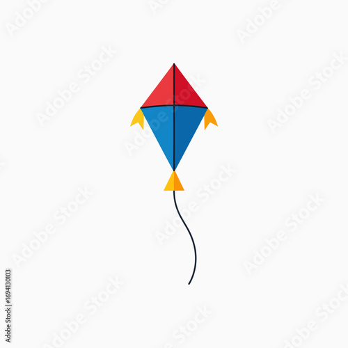 Colorful Diamond Shaped Kite Flying High in the Bright Blue Sky with Fluffy White Clouds