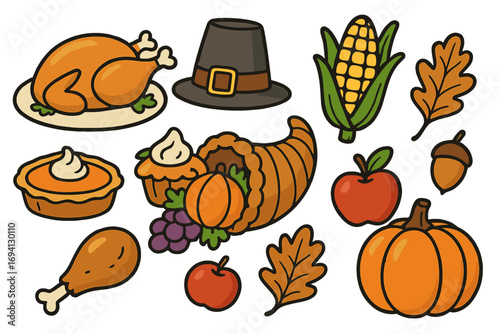 Thanksgiving doodle set with traditional food symbols. Vector cartoon illustration of turkey, pumpkin pie, cornucopia, pilgrim hat, corn, apple for autumn harvest holiday.