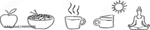 Minimalist line art of apple and oatmeal with tea and meditation elements for wellness design
