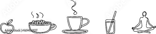 Minimalist line art of apple, oatmeal, coffee, juice, and meditation – aesthetic bohemian design for wellness themes