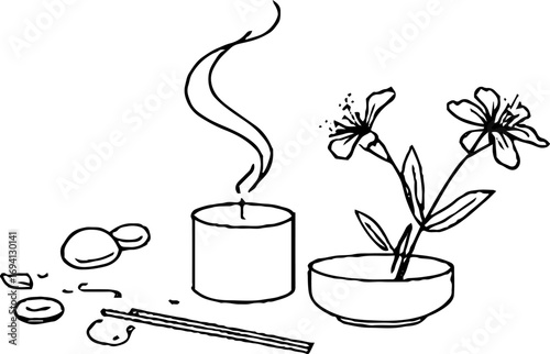 Minimalist line art of aromatherapy scene with candle, incense, and flowers for relaxation decor