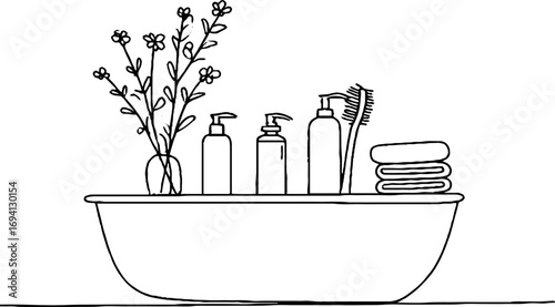 Minimalist line art of bathtub with floral decor and toiletries for interior design