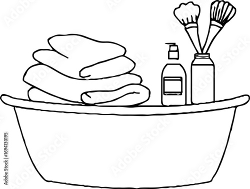 Minimalist line art of bathtub with towels and toiletries for bathroom decor
