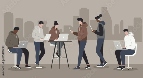 Diverse young people focused on laptops and tablets in a modern urban setting, symbolizing collaboration, tech innovation, and remote work lifestyle.
