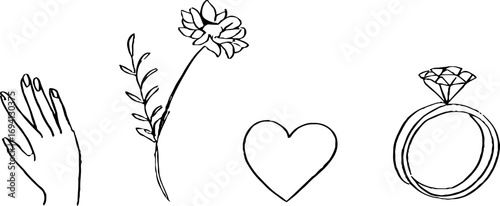Minimalist line art of female hand, flower, heart, and ring for aesthetic designs