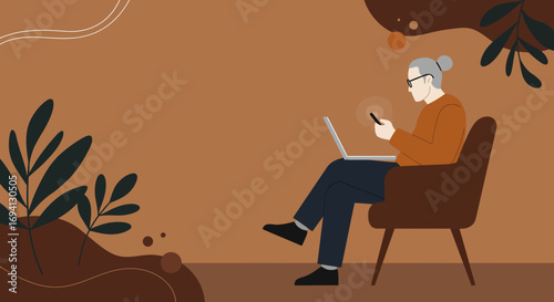 Senior person multitasking with laptop and smartphone, embodying modern digital communication and remote work in a comfortable setting.