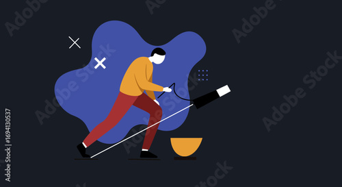 Minimalist illustration of a person focused on an activity, aiming with a stick towards a goal. Depicts concentration, sport, leisure, or achieving business objectives.