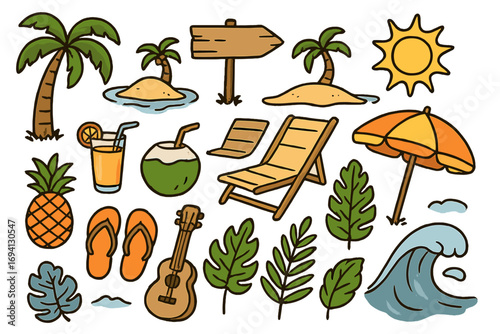 Tropical summer doodle icon set. Hand drawn vector cartoon elements for beach vacation. Relaxing island paradise with palm tree, sun, wave, pineapple, coconut, and ukulele.
