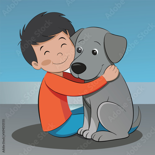 Adorable boy embracing his loyal dog friend with a happy smile