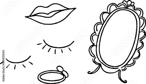 Minimalist line art of feminine objects: mirror, lips, and ring for aesthetic decor and design