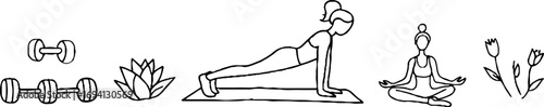 Minimalist line art of fitness woman in yoga and exercise poses for wellness and inspiration