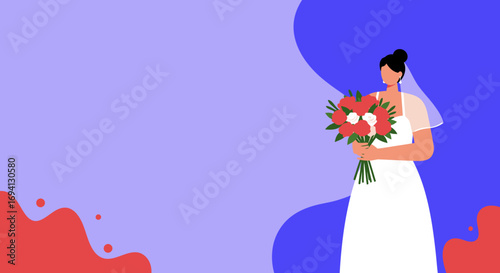 Elegant bride in a white wedding dress holds a beautiful bouquet of red and white roses, symbolizing love and commitment. Perfect for wedding planning, celebration, and romantic themes.