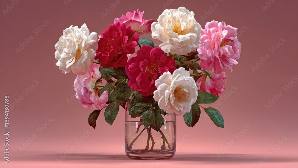 Obraz premium Vibrant rose bouquet in clear vase