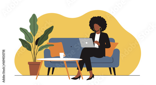 Professional Black woman works on laptop from a comfy sofa, blending productivity with a relaxed home office. Ideal for modern work, freelance, or online learning concepts.