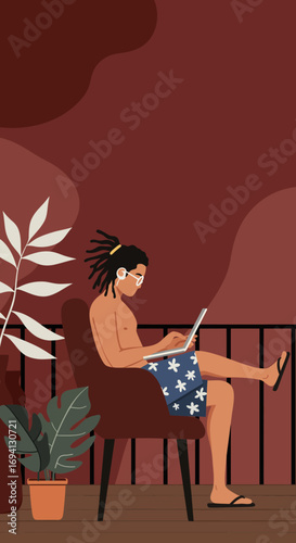 A relaxed person works remotely on a laptop from a tropical balcony, embodying digital nomad lifestyle, summer productivity, and work-life balance.