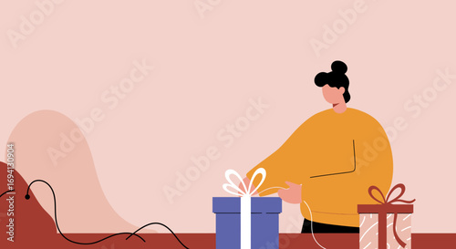 Person wrapping a blue gift box with a white ribbon, preparing for a special occasion. Represents celebration, surprise, and thoughtful gifting. Ideal for holiday, event, or lifestyle themes.