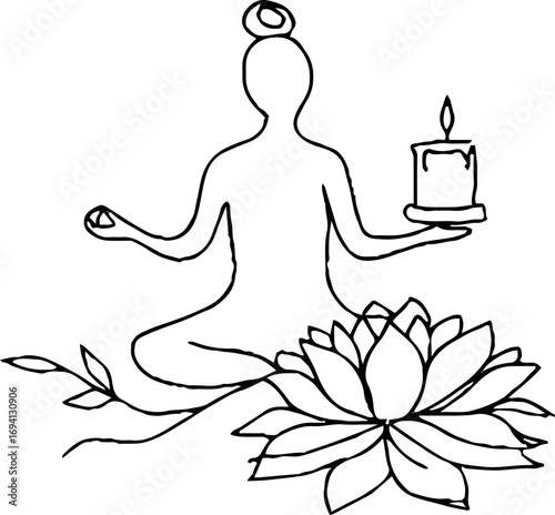 Minimalist line art of meditative woman with lotus and candle for yoga and relaxation concepts
