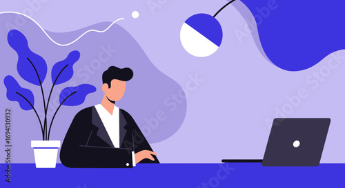 Professional man working remotely on a laptop at a modern desk with a plant. Ideal for business, technology, or online learning concepts, illustrating productivity and innovation.