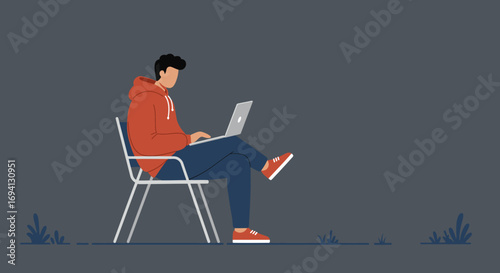 Young person in a red hoodie casually works on a laptop outdoors. Represents remote work, online learning, or freelance productivity in a modern, flexible lifestyle.