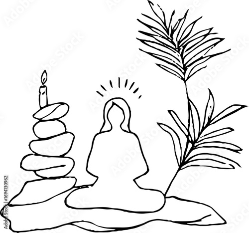 Minimalist line art of meditation scene with tranquil female and nature elements