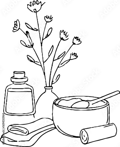 Minimalist line art of bath scene with floral elements for relaxation design