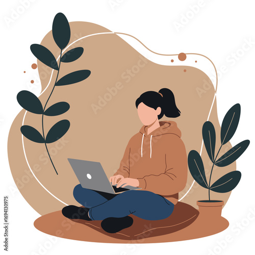 Young woman focused on remote work or online learning with a laptop in a comfortable, modern home setting, representing productivity and flexible lifestyle.