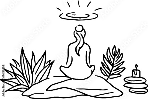 Tranquil meditation scene in minimalist line art with zen elements for relaxation and wellness