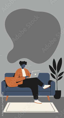 Person working on a laptop from the comfort of their home sofa. Depicts remote work, online learning, or modern digital lifestyle. Ideal for business and technology.