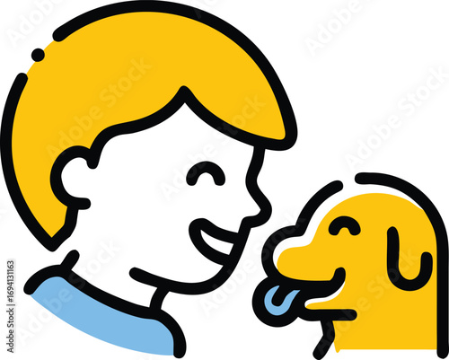 Smiling child lovingly bonds with friendly dog, a heartwarming friendship