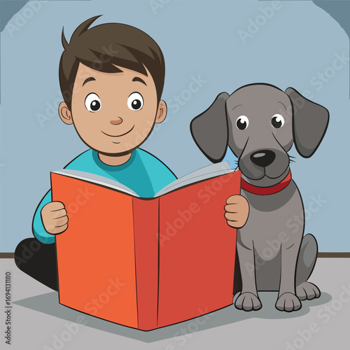 Young boy reads a book with his loyal dog friend by his side at home