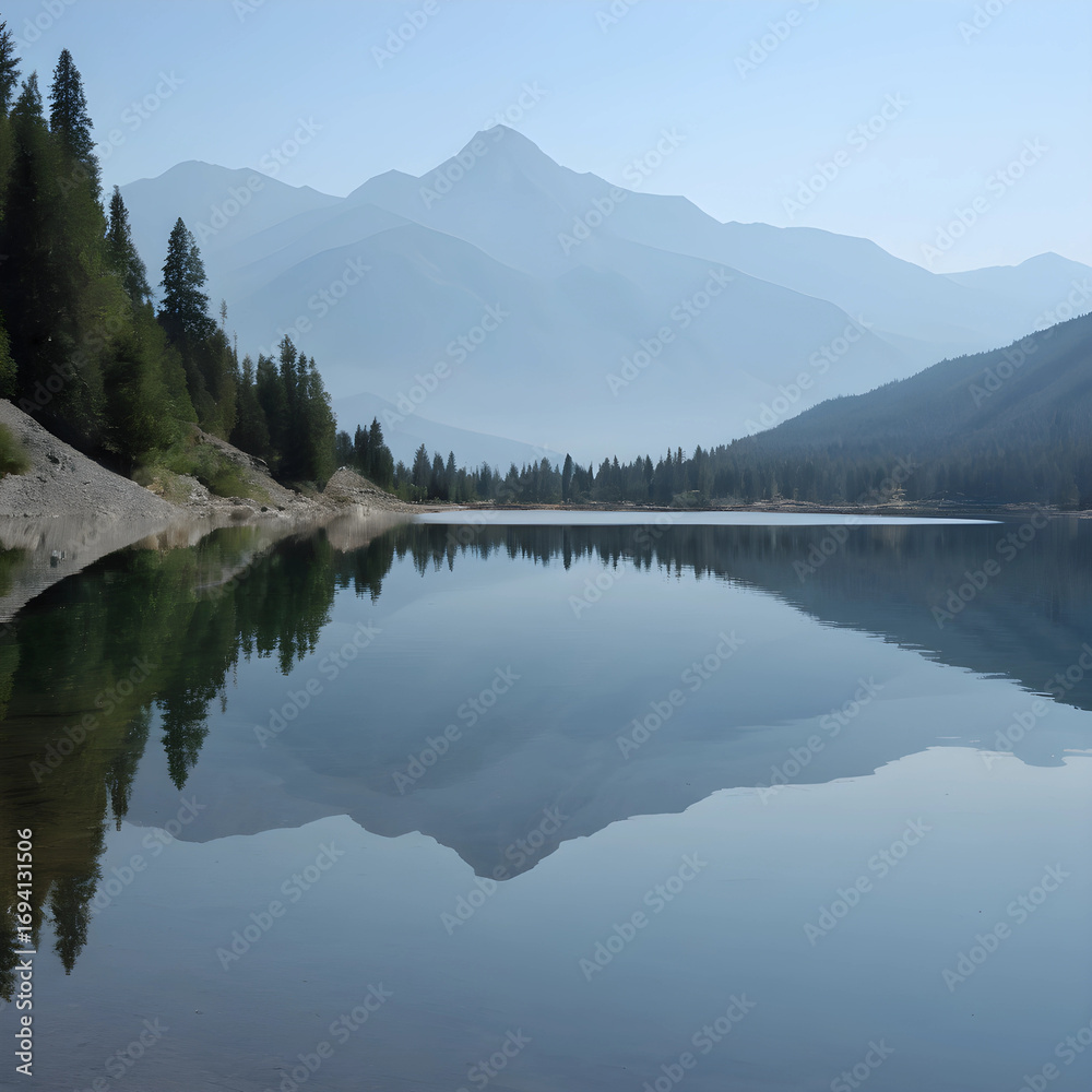 Naklejka premium 산이 비치는 호수