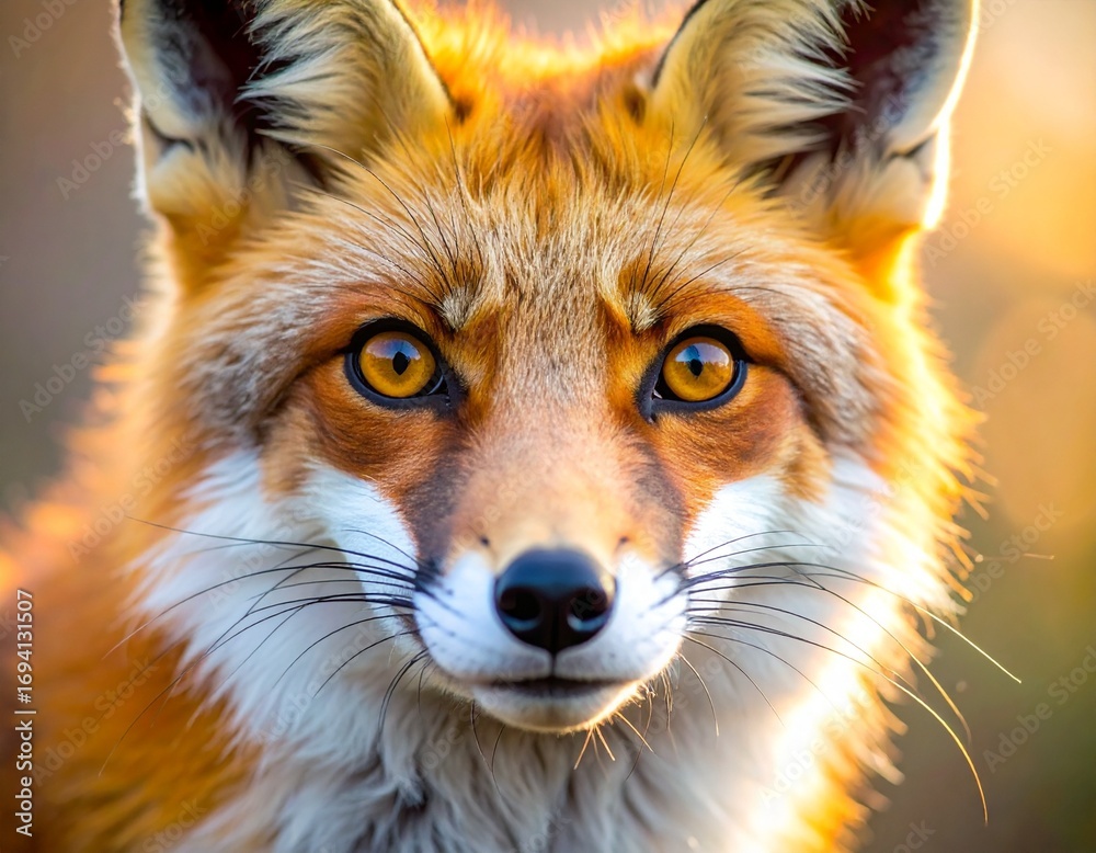Fototapeta premium Captivating close-up of a red fox's face with vibrant orange fur and piercing amber eyes.