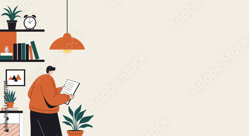 A man in a cozy home office reviews documents, surrounded by plants and books. Ideal for concepts of remote work, learning, productivity, and personal development.
